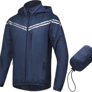 Men's Packable Waterproof Running Rain Coats Reflective Cycling Jacket Windbreaker With Removable Hood