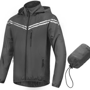 Men's Packable Waterproof Running Rain Coats Reflective Cycling Jacket Windbreaker With Removable Hood
